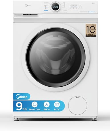 Midea MF10EW90B Waschmaschine / 9kg / 1400 U/Min/EEK A/Inverter Quattro Motor/Dampffunktion/Grosse Trommel/Nachlegefunktion/Kindersicherung/AquaStop, Weiß