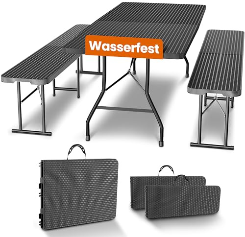 NewHabitat Kunststoff Bierzeltgarnitur Klappbar I 3er Set, Tisch + 2 x Bank mit Tragegriffe, Biertischgarnitur, Festzeltgarnitur, Bierbank klappbar, HxBxT: 75x180x75 cm (Schwarz)