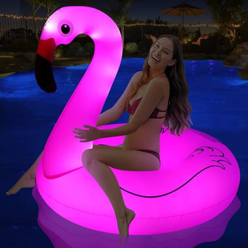 DeeprBling Aufblasbar Flamingo Schwimmring mit Lichtern, Schwimmreifen Flamingos, Großer Pool Flamingo-Schwimmringe für Erwachsene, Wasser Pool Flamingo Luftmatratze
