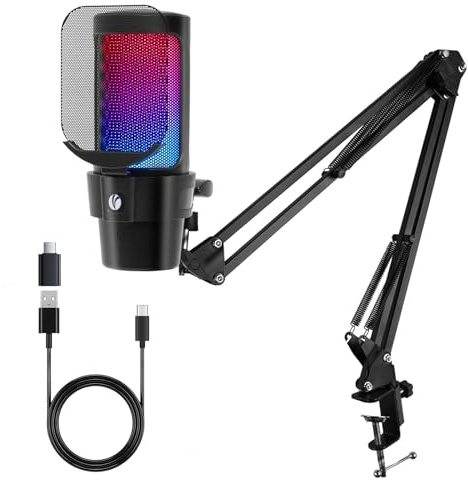 VCOM Gaming Mikrofon mit Arm, USB Microphone Kit mit RGB Modi, Mute | Mit Pop-Filter, PC Mikrofon für Podcast, Streaming, Studio, Plug & Play, Standmikrofon für Mac, PS4, PS5, YouTube