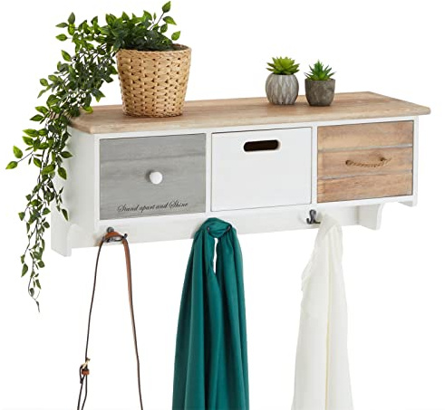 CARO-Möbel Wandgarderobe Salva in weiß im angesagtem Vintagelook, Moderne Garderobenleiste, Hängegarderobe mit 3 Schubkästen und Haken