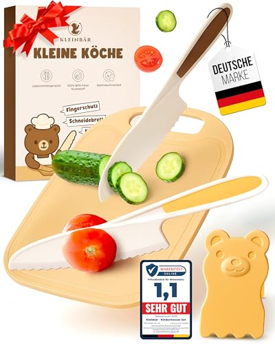 Kindermesser Set ab 3 Jahren [EXTRA SICHER] – Kindermesser ab 3 Jahre inkl. Fingerschutz & Schneidebrett – BPA frei & Montessori inspiriert – Pastellfarbenes Schneideset für kleine Köche Kinder Messer