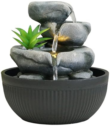 Dehner Zimmerbrunnen Lono, Brunnen mit LED Beleuchtung, ca. Ø 21 cm, Höhe 21 cm, Polyresin, grau / schwarz