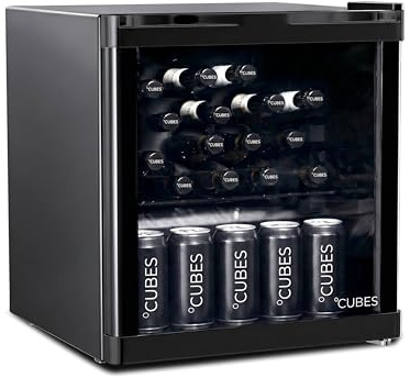 °CUBES Mini Kühlschrank 48 L Schwarz – Eleganter Getränkekühlschrank mit Glastür & 1 variabler Ablage | Leise & energieeffizient (39 dB) | Perfekt für Büro, Küche, Gaming & Bar | Stilvolles Design
