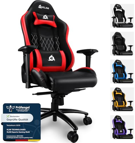 KLIM Esports Gaming Stuhl - Mit Lenden- und Nackenstütze - Verstellbar Gaming Sessel - Ergonomisch PC Stuhl - Kunstleder und Premium-Materialien - Roter Gamer Stuhl Gaming Chair
