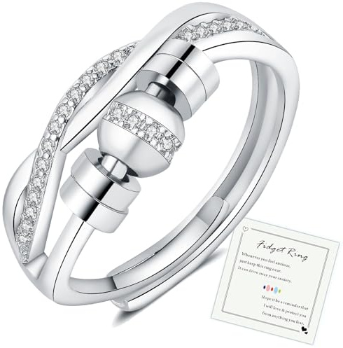 HEEYA Anxiety Ring für Damen Silber 925 Angst Ring mit Zirkonia Offen Verstellbar Anti Stress Ringe mit Perlen Spinner Fidget Ringe Frauen Hypoallergen Stimmungsring gegen Stress Unisex