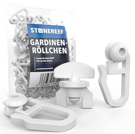 106x Gardinenhaken & Röllchen für Schienensysteme – 100x Gleiter & 6X Stopper – Kunststoffrollen für Gardinenschiene – Vorhanghaken mit Rollengleiter für Kräuselband, 8 mm, Weiß