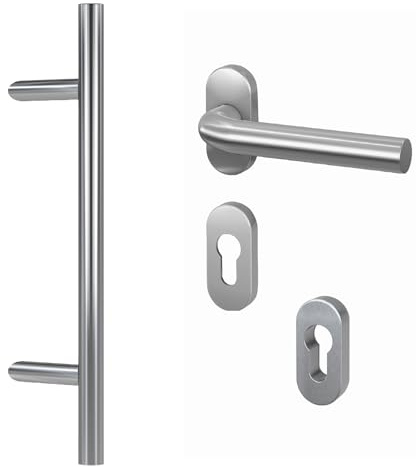 BASI | Komplettset für Haustür aus Edelstahl | Stoßgriff mit Beschlag und Abdeckungen | Haustürgriff Stangengriff | Länge: 400 mm - Abstand: 300 mm