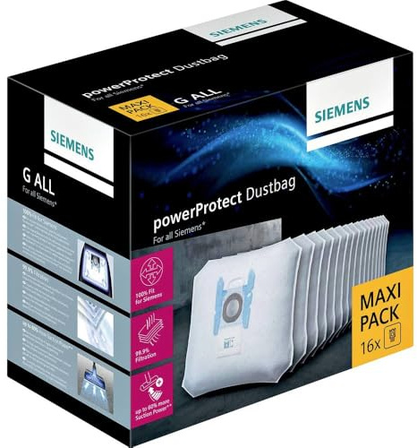 Siemens 16x Staubsaugerbeutel PowerProtect Typ G ALL VZ16GALL, 99,9% Feinstaubfilterung, Höhere Reinigungsleistung, 50% Längere Nutzungsdauer, Passend Für Alle Reihen außer VS08 Und VS01
