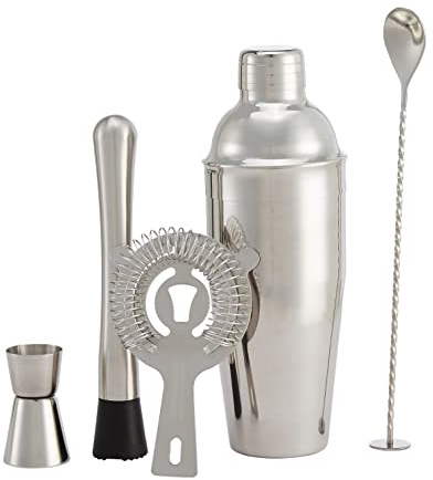 Amazon Basics Barbesteck Set, 710-ml-Shaker, Sieb, Jigger und Muddler, 5er-Pack, Edelstahl