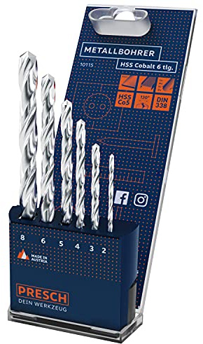 Presch Metallbohrer Set HSS Cobalt 6-tlg - Edelstahl Bohrersatz - Hochwertiges HSS Cobalt Bohrer Set für Metall, Stahl, Eisen uvm. - Profi Edelstahl Bohrer - Ø 2-8mm