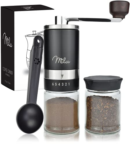 Milu Manuelle Kaffeemühle Handkaffeemühle mit Keramik Mahlwerk I 6 Stufen Mahlgradeinstellung I Espressomühle I – mit Löffel & Bürste (Schwarz)