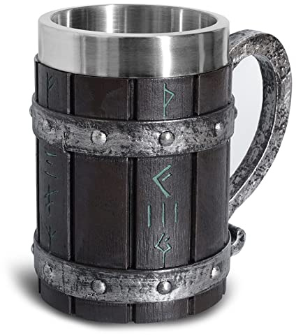Bierkrüge, Nordic Viking Rune Biergläser Großer Eichen-Bierkrug Kaffeebecher mit Edelstahl Holz Harz 3D, Mugs für Männer, Vatertagsgeschenk 550 ml