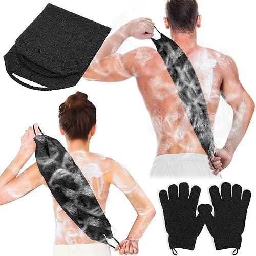 Anezus Peeling-Rückenschrubber Badehandschuhe-Set, Peeling-Duschtuch mit Duschhandschuhen für Körperpeeling, Rückenreiniger, Waschhandschuhe zum Entfernen abgestorbener Haut (schwarz)