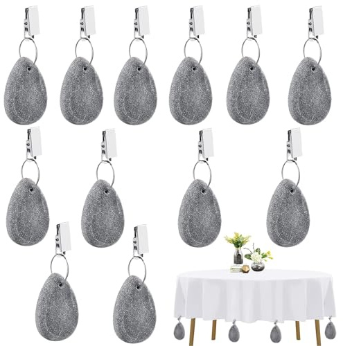 12 Stück Tischdeckenbeschwerer aus Naturstein,Tischdeckenbeschwerer für Draußen Tischdeckenbeschwerer Set mit Clip Grau Stein Tischdecke Gewichte für Tischdecken Klammern für Picknicks Hochzeiten