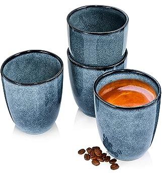Sänger Tasse ohne Henkel Darwin 4 tlg, Kaffee Gläser 4 Personen, Steingut | Kaffee Becher, Kaffeebecher ohne Henkel Handmade, Mokka Tassen Set, Kaffeebecher Set Blau 300 ml
