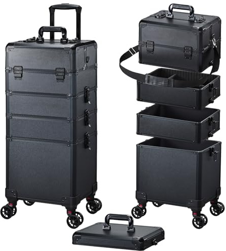 Kosmetikkoffer Alu Beauty Case 5 in 1 Kosmetik Trolley Rollkoffer Make Up Koffer Groß Schminkkoffer Nagelkoffer Abschließbare Friseur Box Drehbare Rollen für Reisen Geschenkidee, Schwarz