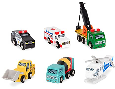 Battat - Holzfahrzeuge Set 1 - Holzautos für Kinder - 6-teiliges Spielzeug-Fahrzeug-Set - Mini-Rettungs- und Baufahrzeuge - Spielzeug-LKW für Kleinkinder - 3 Jahre +