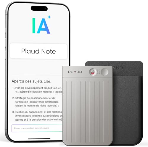 Plaud Note KI Digitales Diktiergerät mit Hülle - 64 GB Aufnahmegerät mit KI-Technologie zum Transkribieren und Zusammenfassen, One-Touch-Aufnahme (Silver Note mit schwarzer Hülle)