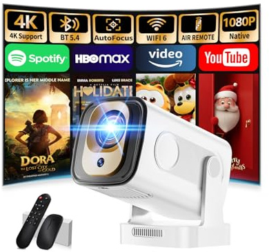 Mini Beamer 4K 1080P [2026 Neuer & Automatische Focus] Projektor Tragbarer mit WiFi 6 und Bluetooth 5.4 mit 270° Drehbarer & Automatische Trapezkorrektur mit HDMI/TV Stick/Memory Stick/Laptop, weiß
