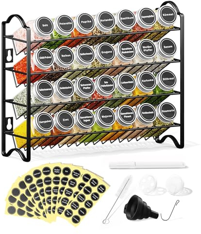 Enjoior Gewürzregal Set mit 28 Gewürzgläsern & 120 Etiketten - Gewürz Organizer für Küche & Schrank - Gewürzregal Wand oder Stehend - Komplettes Gewürz-Aufbewahrungssystem (Schwarz)