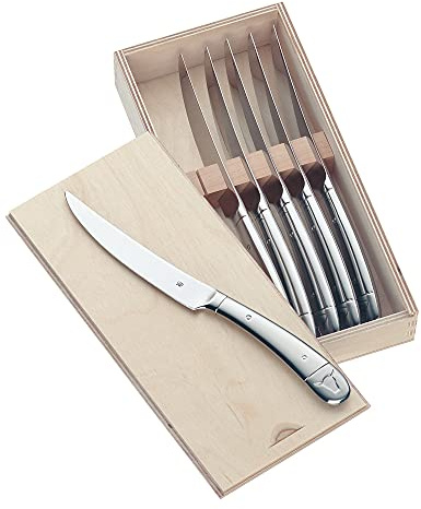WMF Steakmesser Set 6-teilig, Pizzamesser, Cromargan Edelstahl poliert, Steak Messer, Wellenschliff, spülmaschinengeeignet, in Holzbox