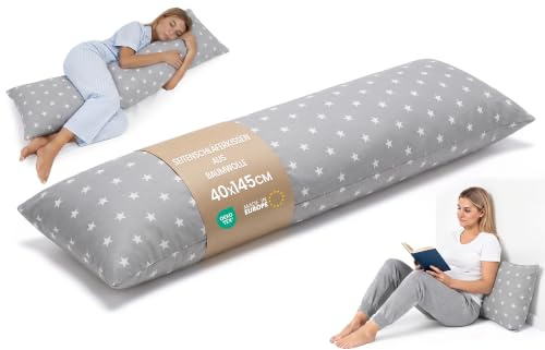 Seitenschläferkissen 40x145 cm ergonomisch Baumwolle mit abnehmbarem Bezug | stützt Wirbelsäule Hüfte und Rücken Schlafkissen für Seitenschläfer und Rückenschläfer hautfreundlich – Weiße Sterne auf Grau