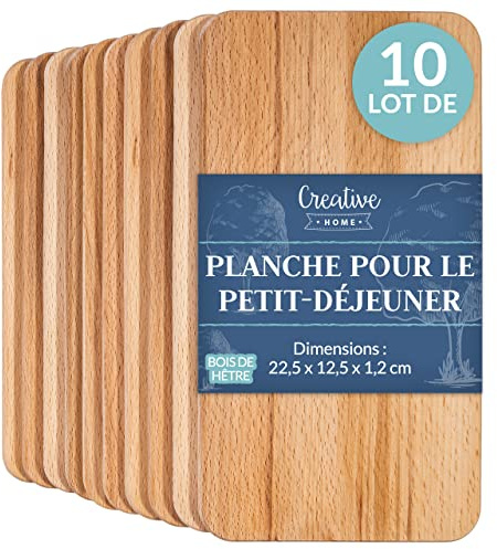 Creative Home 10 x Frühstücksbrettchen Holz Set | 22.5 x 12.5 x 1.2 cm | Holzbrettchen Schneidebrett Brett | Umkehrbar Schneidbrett Brettchen Frühstücksbrett Holzbrett Küche für Brot Fleisch Gemüse