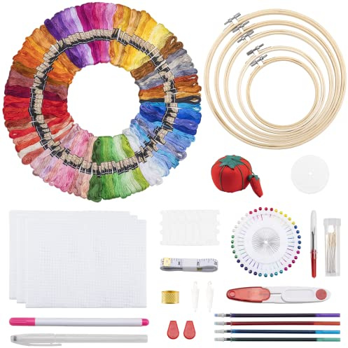 Noa Home Deco Stickerei Set Embroidery Kit Punch Needle Stickerei Set für Anfänger 100 Farben Stickgarn 5 Bambus Stickrahmen 3 Stück Kreuzstich-Stoff Nähnadel für Anfänger