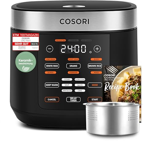COSORI Reiskocher, Keramikbeschichtung, Rice Cooker 5 L, Multikocher mit 17 Programme, Fuzzy-Logik, Dampfgarer mit Edestahleinsatz, Warmhaltefunktion, Timer, Schwarz