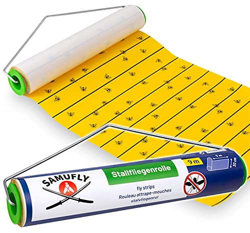SAMUFLY Fliegenrolle Stallfliegenrolle gelb mit Metallhalter 9m x 30cm zum Aufhängen Stall Fliegenfänger Pferde