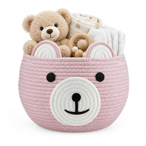 PandaEar Baumwollseil-Baby-Korb, Baby-Geschenk-Kinderzimmer-Waschmittel-Organizer mit niedlichem Bären-Design zur Aufbewahrung von Säuglings-Neugeborenen-Essentials, Windel-Caddy-Korb mit Griff, Pink