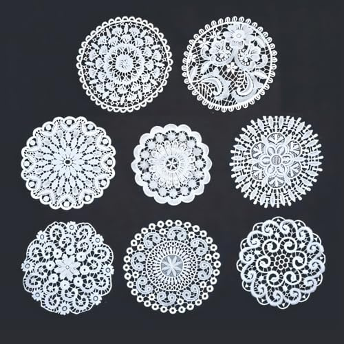 FENGCHUANG 8 Stück Spitzendeckchen 18 cm Spitze Tischläufer Runde Häkeln Tischläufer, Kleine Häkeln, 8 Styles, Geeignet für Küche, Esszimmer, Kommoden, Hochzeit, Party Dekoration (Weiß)