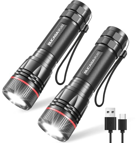 BUCASA Taschenlampe LED Aufladbar, 2000 Lumen Extrem Hell LED Taschenlampe mit 3 Modi, 2 Stück Zoombare Taschenlampen Kinder, Wasserdicht Langer Laufzeit Flashlight für Camping Outdoor Wandern Notfäll