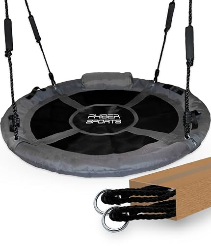PHIBER-SPORTS Nestschaukel Outdoor Kinder - Ø 100cm - Mit Kissen + Haltegriffe + Höhenverstellbar - Wetterfest & Langlebig - Tellerschaukel Netzschaukel Nest Schaukel Rund Indoor