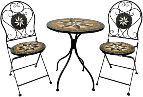 Wohnando 3 teiliges Bistroset mit Klapptisch und 2 Stühlen | gefertigt aus Metall mit Mosaik Muster | Gartenmöbel Set für Zwei Personen | ideal für Garten, Balkon und Terasse | Casper