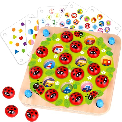 Nene Toys Marienkäfer-Garten, Gedächtnisspiel aus FSC® Holz für Kinder ab 3 Jahren – Pädagogisches Brettspiel mit 10 lustigen Mustern – Montessori Memo-Spiel – Geschenk Jungen Mädchen ab 3 4 5 Jahren