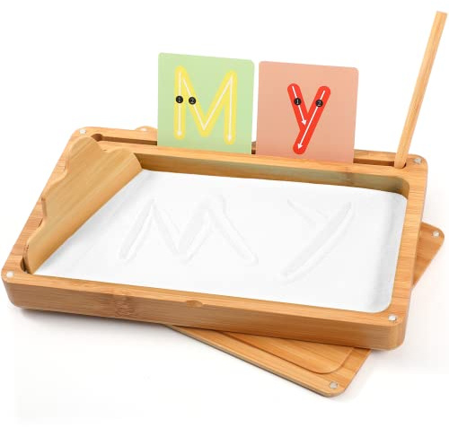 AtMini Montessori sandtablet Frühes Training Buchstaben und Zeichens pielzeug Holz Sandtisch Lerns pielzeug für motorische Entwicklung bei Kindern(Weiß)