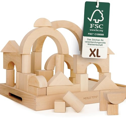 Merle Toys® Premium Holzbausteine Natur, Bauklötze Holz Groß für kreatives Bauen, Große Bausteine Holz, Bausteine ab 2 Jahre, Bauklötze ab 3 Jahre, 100% FSC-zertifizierte Holzbauklötze, Regenbogen-Set