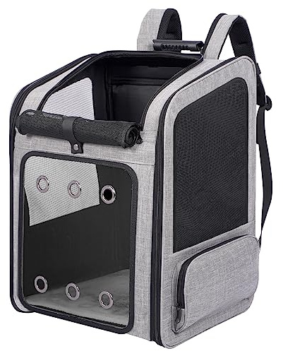 FASRIOU Katzenrucksack Große Katzen bis 15kg, Hunderucksack bis 12kg, Grau | Der größte Katzenrucksack, Transparentes Acrylfenster, Zusätzliches Lendenkissen, 2 integrierte Sicherheitsleinen