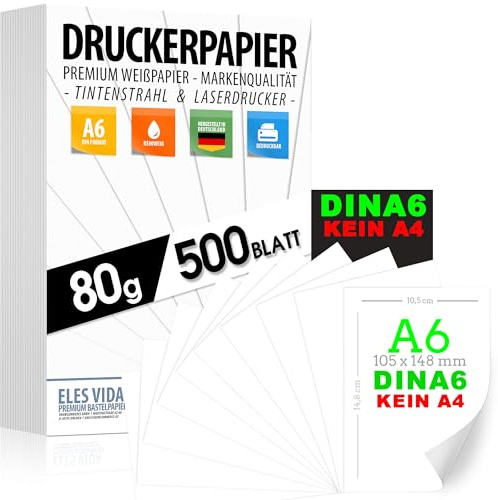Druckerpapier 80g weiß A6-500 Blatt – 10,5 x 14,8 cm - PREMIUM PAPIER Reinweiß - Kopierpapier, Laserdrucker & Tintenstrahl für Uni, Fotografie, Büro & Office - MADE IN GERMANY - ACHTUNG DIN A6