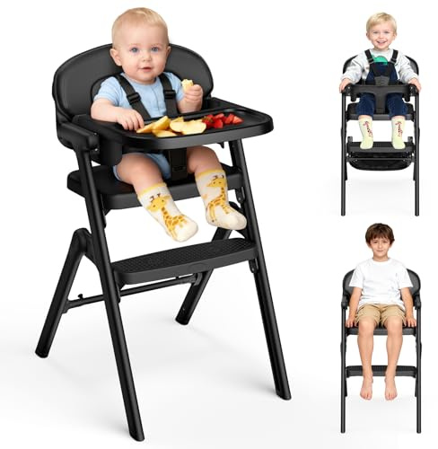 PAMPORPET Hochstuhl Baby +Sitzkissen, Verstellbarer Kinderhochstuhl Mitwachsender für Baby 6 Monate - 99 Jahre, bis 90 KG, mit 5 Punkt Schrittgurt, Kinderstuhl Klappbar mit Essbrett-Ergonomisch