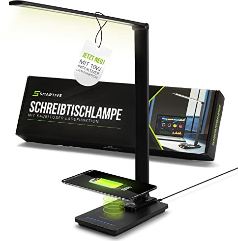 SMARTIVE | Design Schreibtischlampe mit kabelloser Ladefunktion - LED Bürolampe mit 10W wireless charging - augenschonendes Licht dimmbar und Laden ohne Kabel | desk lamp schwarz + USB Ausgang