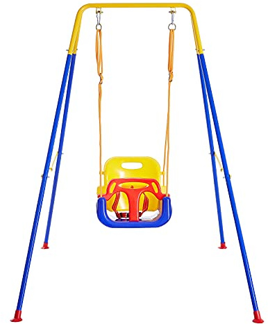 FUNLIO 3-in-1 Babyschaukel mit Gestell mit 4 Sandsäcken, Kinderschaukel mit Sicherheitsgurt für Drinnen & Draußen, Zusammenklappbarer Metallständer & Klare Anleitung, Einfach zu Montieren