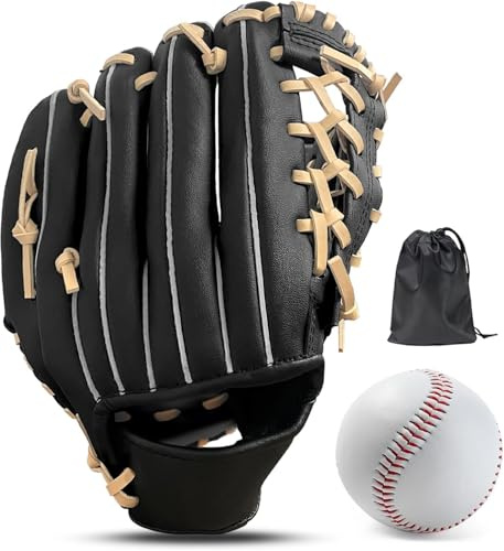 LeapBeast Baseball Handschuhe, Softball Handschuhe mit 1 Ball, Baseball Training Wettbewerb Handschuh Verdicken Dauerhaft Softballhandschuhe für Kinder Erwachsene (Black Brown -C, 12,5 Zoll)