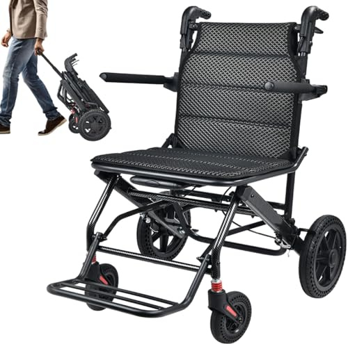 KCareU Transportrollstühle mit Teleskopgriff,Sitzbereite 46cm 11kg Tragbarer Faltbar Reiserollstuhl für Erwachsene und ältere Menschen, Aluminiumlegierung, stoßdämpfender Wabenreifen, Tragkraft 110kg
