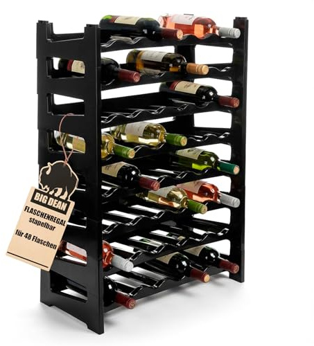 BigDean Flaschenregal stapelbar für 48 Flaschen Weinregal aus Kunststoff Schwarz Getränkeregal Flaschen Regalsystem für Glas- & PET bis 1,5 Liter