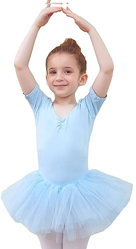 Tancefair Ballettbekleidung Mädchen Ballettkleid Kinder Baumwolle Kurzarm Balletttrikot Ballettanzug Tanzkleid Tanzbody mit Rock Tütü