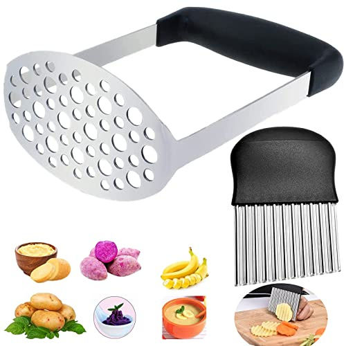 Wellenschneider & Kartoffelstampfer Set Edelstahl, für Pommes u. Gemüse | Wellenschnitte für Pommes, Gurken & Obst. Stampfer für cremigen Brei. Spülmaschinenfest, robust & platzsparend.
