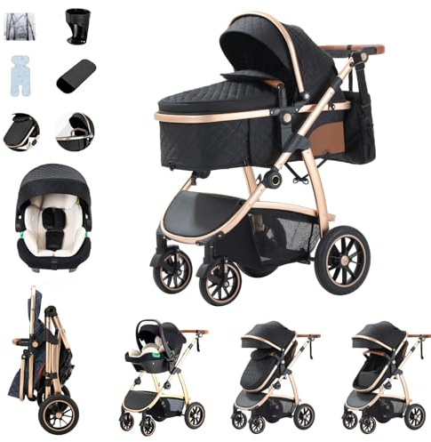 Zkiprm Kinderwagen 3 in 1, Reisesystem mit Autositz, Buggy mit verstellbaren Armlehnen, Kombikinderwagen mit Regenpolster, Moskitonetz, Aluminiumrahmen, Straßenwagen für 0-4 Jahre, Schwarz